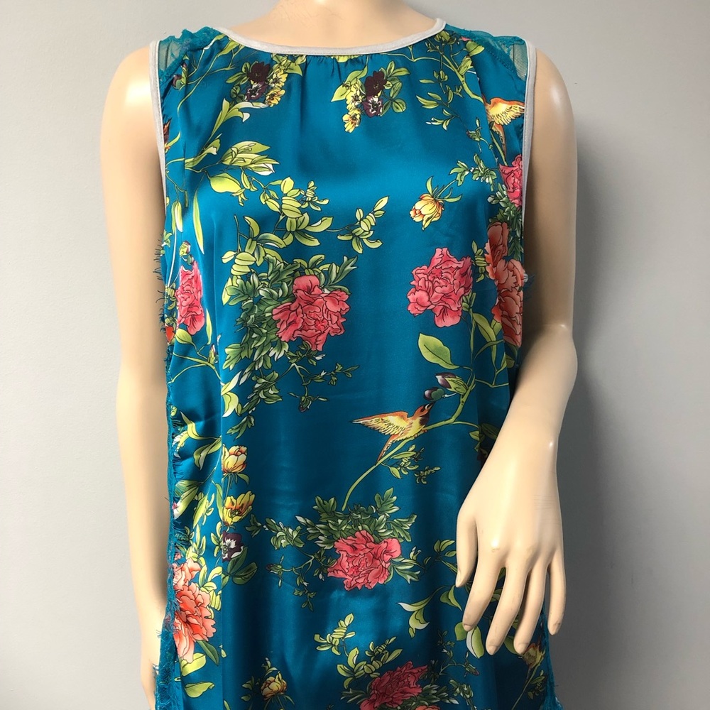 Sleeveless Satin Floral Top Teal Hot Pink Green